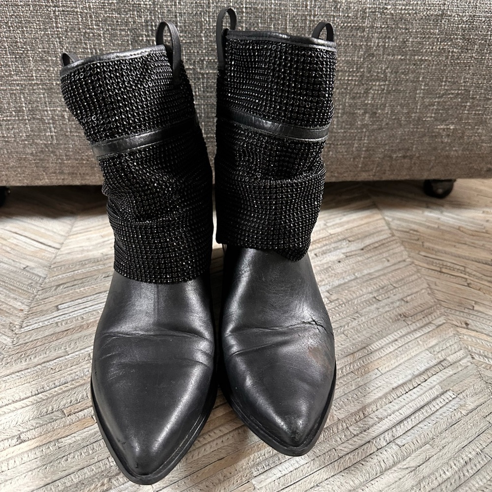 AREZZO Women's Black Sparkle Shaft Pointed Toe Boots
